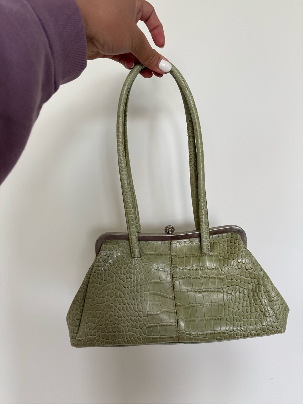 Vintage Y2K Nine West Sage Green Croc Embossed Frame Shoulder Bag